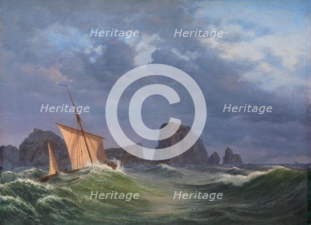 A Shetland fishing boat in stormy weather north of the Orkneys, 1842. Creator: Anton Melbye.
