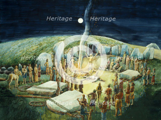 Neolithic ceremony at West Kennet Long Barrow, Wilshire, c1985-c2012. Artist: Judith Dobie.