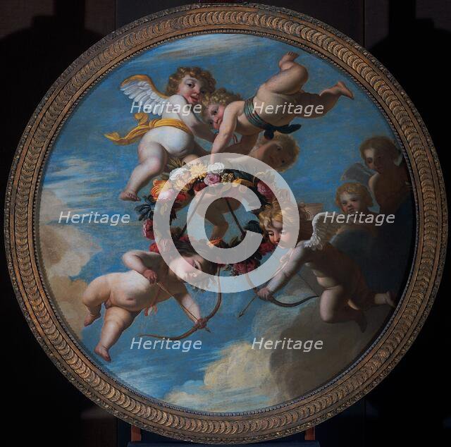 Putti with a Wreath of Flowers, c.1650. Creator: Workshop of Gerard van Honthorst.