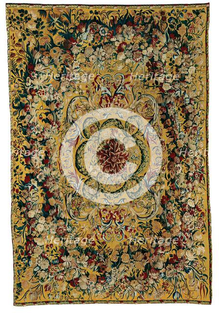 Table Carpet with Garlands of Flowers and Rinceaux, Flanders, 1650/75. Creator: Manufacture royale d'Aubusson.