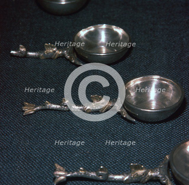 Roman silver and gilt ladles with handles cast in the form of dolphins, 4th century. Artist: Unknown