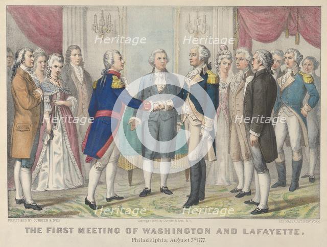 The First Meeting of Washington and Lafayette—Philadelphia, August 3rd, 1777, 1876., 1876. Creators: Nathaniel Currier, James Merritt Ives, Currier and Ives.
