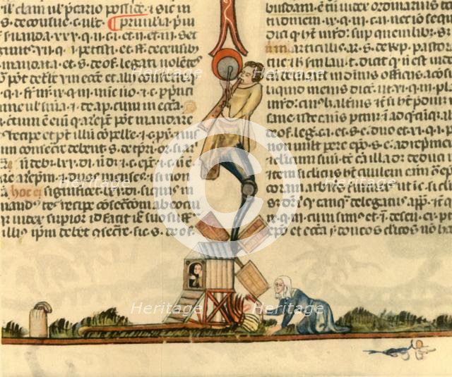 A woman setting a post mill alight, c1340, (1947).  Creator: Unknown.