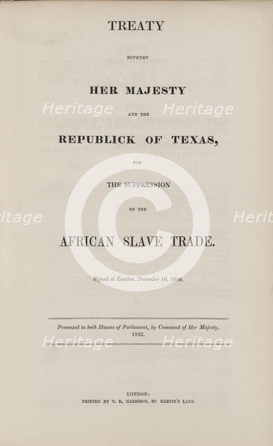 Treaty between Her Majesty and the republick of Texas, for the suppression of the African..., 1842. Creator: Unknown.