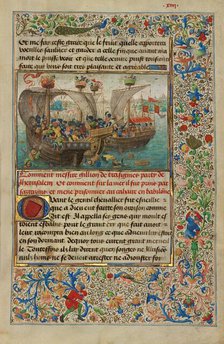 Gillion's Ship Attacked by the Sultan's Army; Roman de Gillion de Trazegnies, 1464. Creators: Lieven van Lathem, David Aubert.