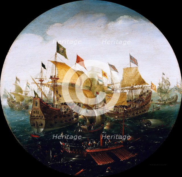 Sea battle between the Dutch and Spanish ships, 1604. Artist: Aert Anthonisz., (Aert van Antum) (ca. 1580-1620)