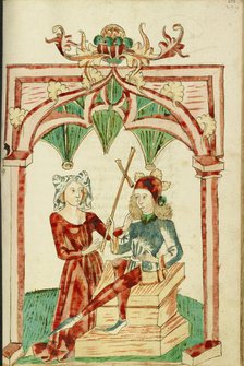 A Woman Touches the Hair of the Enthroned Josaphat; Barlaam und Josaphat, 1469. Creators: Hans Schilling, Diebolt Lauber.