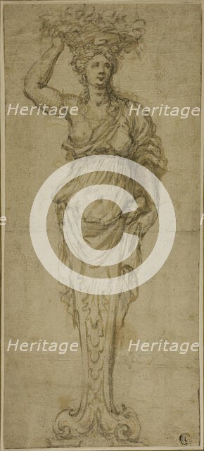 Caryatid (r); Three Sketches: Two Caryatids, Pair of Putti Standing on Globe (v), 17th century. Creator: Unknown.