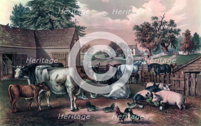 'American Farm Yard in the Evening', 1857. Artist: Currier and Ives