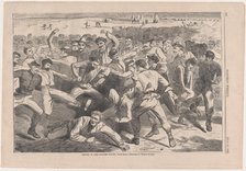 Holiday in Camp - Soldiers Playing "Foot-Ball" - Sketched by Winslow Homer (Harper's ..., July 1865. Creator: Unknown.