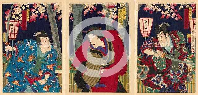 The actors Nakamura Shikan IV as Fuwa Banzaemon, Nakamura Fukusuke IV as the..., 1885. Creator: Toyohara Kunichika.