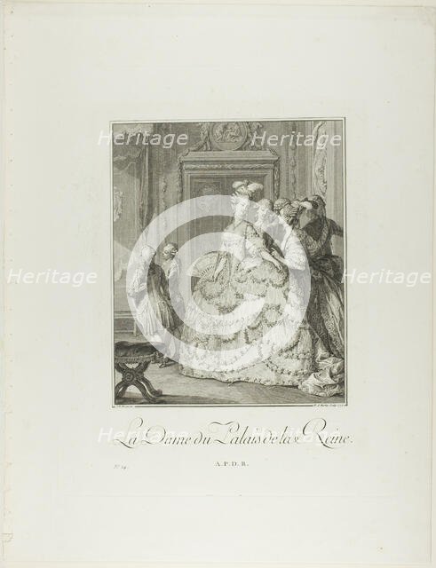 The Queen's Lady-in-Waiting, from Monument du Costume Physique et Moral de la fin..., 1777. Creators: Pietro Antonio Martini, Laurent-François Prault.