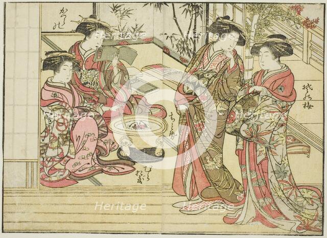 Courtesans of Otawaraya, from the book "Mirror of Beautiful Women of the Pleasure Quarters..., 1776. Creator: Shunsho.