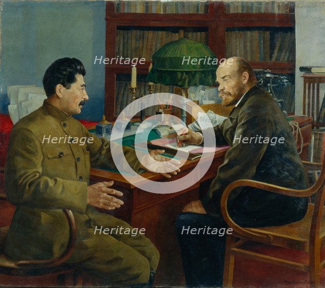 Lenin and Stalin, 1938. Artist: Shestopalov, Nikolay Ivanovich (1875-?)