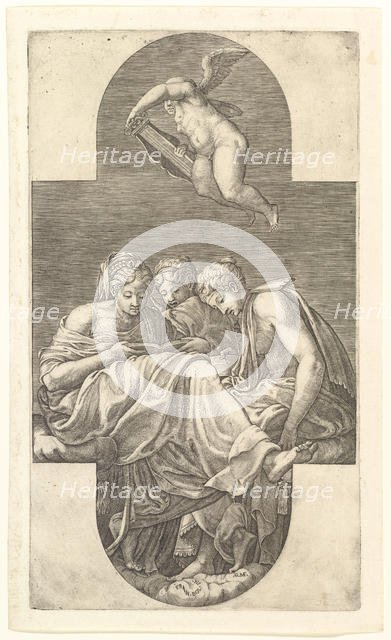 Three Muses and a Putto with a Lyre, a cruciform composition, from a series of eight comp..., 1560s. Creator: Giorgio Ghisi.