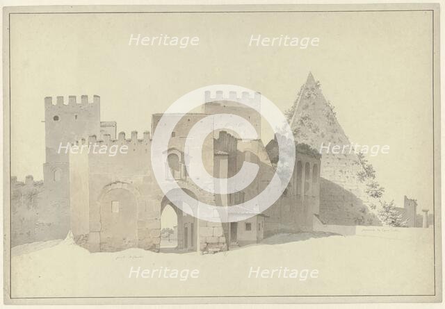 The Porta San Paolo and the Pyramid of Cestius in Rome, c.1809-c.1812. Creator: Josephus Augustus Knip.