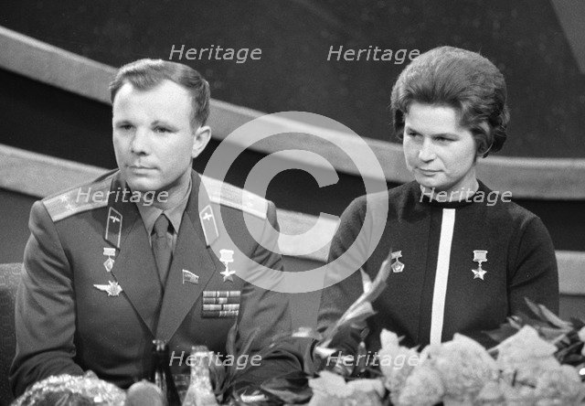 Yuri Gagarin and Valentina Tereshkova, Russian cosmonauts, 1963. Artist: Anon