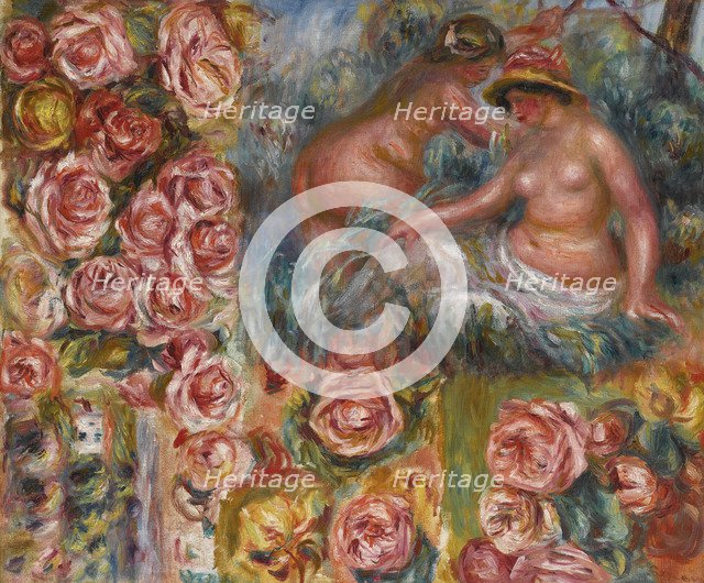 Study of nude female figures and flowers.