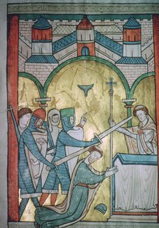 Twelfth century illustration of the murder of St Thomas-a-Becket (1118-1170) from a psalter.