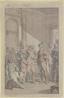 A prince with his retinue at a locked door, next to which sits an exhausted man. Creator: Christian Sambach.