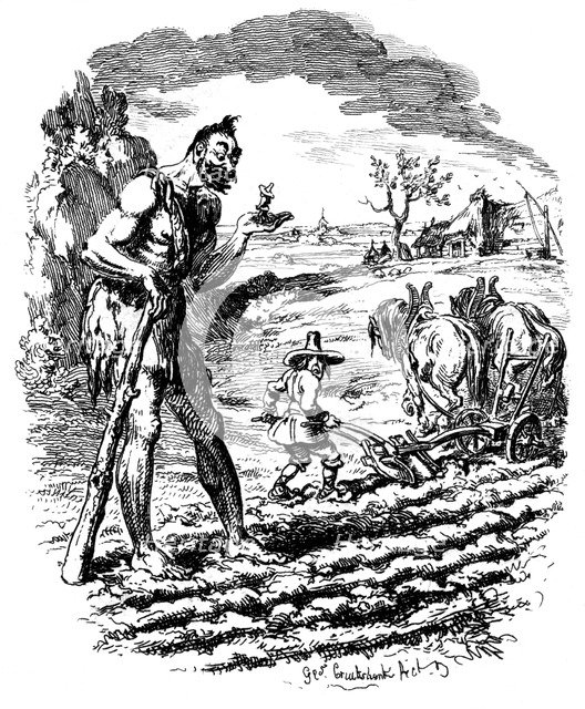 A giant stands in a field as a farmer ploughs, 19th century.Artist: George Cruikshank