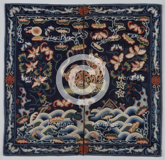 Rank badge of a military official of the fourth rank, with tiger, bats, and flowers, 19th century. Creator: Unknown.