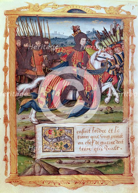 Head of a host riding at the head of a group of pikemen, miniature of a French codex on the art o…