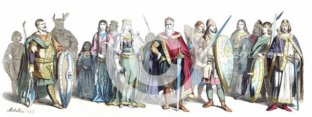 Personages in the court of Charlemagne. Late 8th century, German engraving 1860.