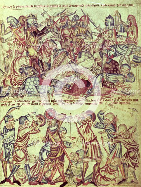 Knights and foot soldiers engaged in battle, c1320-1330.  Creator: Unknown.