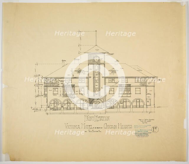 Victoria Hotel, Chicago Heights, Illinois, Front Elevation, 1892. Creator: Adler & Sullivan.