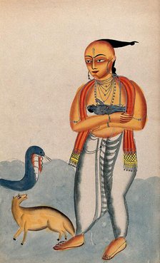 Vasudeva carrying a baby Krishna encountering a cobra and jackal. Creator: Unknown.