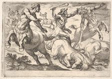 Hercules and the Centaurs: Hercules holds the head of a centaur with his left hand and rai..., 1608. Creator: Antonio Tempesta.