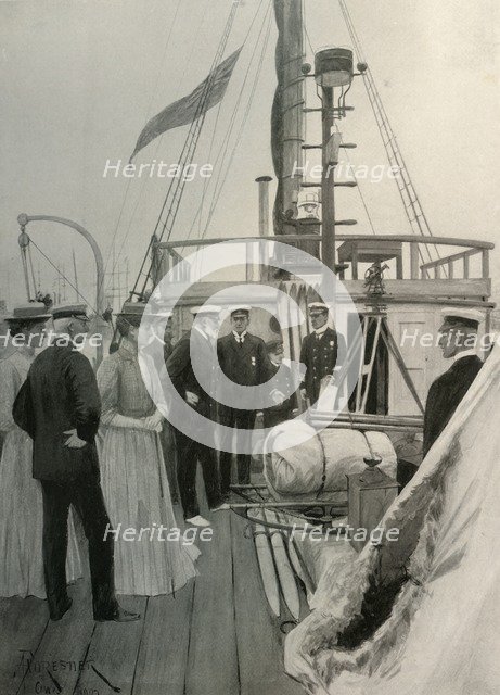 'Their Majesties The King and Queen Inspecting...the Nimrod at Cowes', 1907, (1909). Artist: A Forestier.