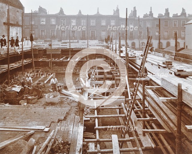 Men building the Camden Town Sub-Station, London, 1908. Artist: Unknown.