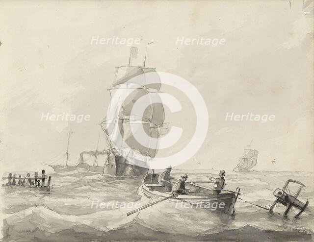 Seascape with sailing ships, a steamship and a rowing boat, c.1825-c.1875. Creator: Circle of Petrus Johannes Schotel.