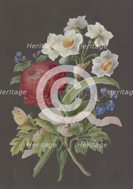 Arrangement of red ranunculus (Ranunculus), white tazetta (Narcissus tazetta)..., c18th century. Creator: Unknown.