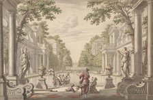 View of a Palace Garden with a Central Pond Surrounded by Classical Architecture..., ca. 1700-1720. Creator: Daniel Marot.