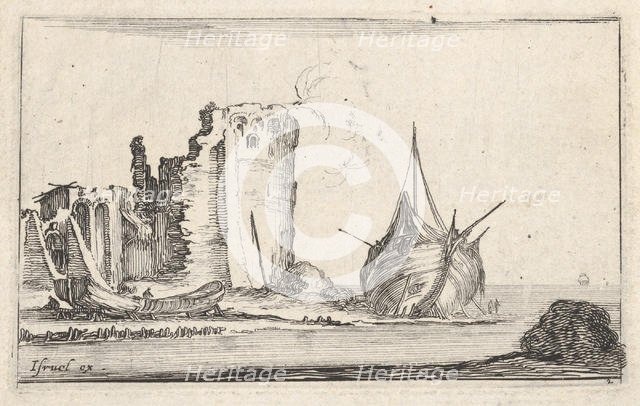 Plate 2: a ship at right and a rowboat at left, washed up on shore, a tower in ruins b..., ca. 1642. Creator: Stefano della Bella.