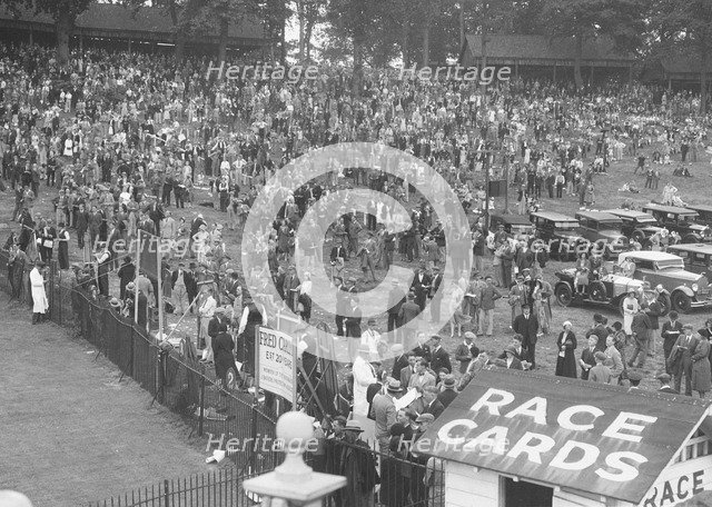 Crowds attending a motor race at Brooklands. Artist: Bill Brunell.