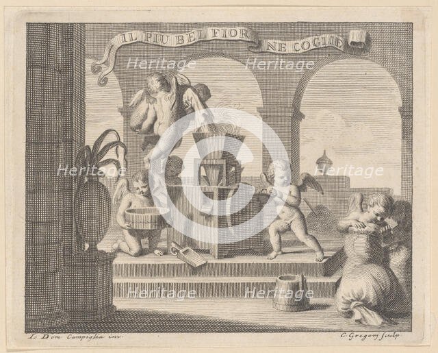 She gathers the fairest flower (Il più bel fior ne coglie), a group of six putti workin..., 1740-59. Creator: Carlo Gregori.