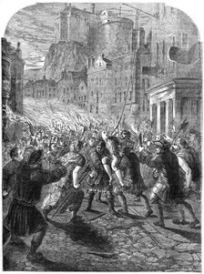 A mob carrying Captain John Porteous to his execution, Edinburgh, 1736 (19th century). Artist: Unknown