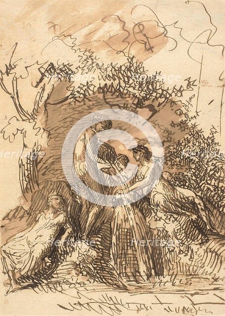 Young Girls at a Fountain (recto); Fragment of Sketch of Legs (verso), 1790-1799 (recto); 1781/1847  Creator: Johann Christian Reinhart.