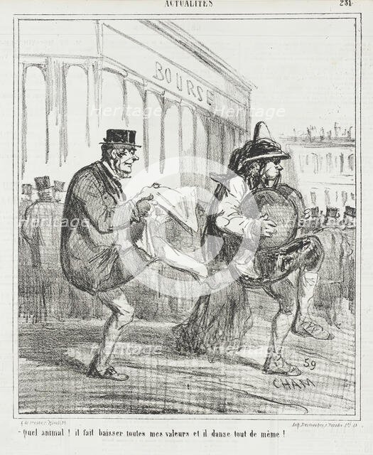 Quel animal! Il fait baisser toutes mes valeurs et il danse tout de même, 1867. Creator: Cham.