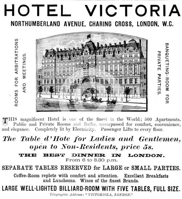 Advertisement for the Hotel Victoria, 1890. Creator: Unknown.
