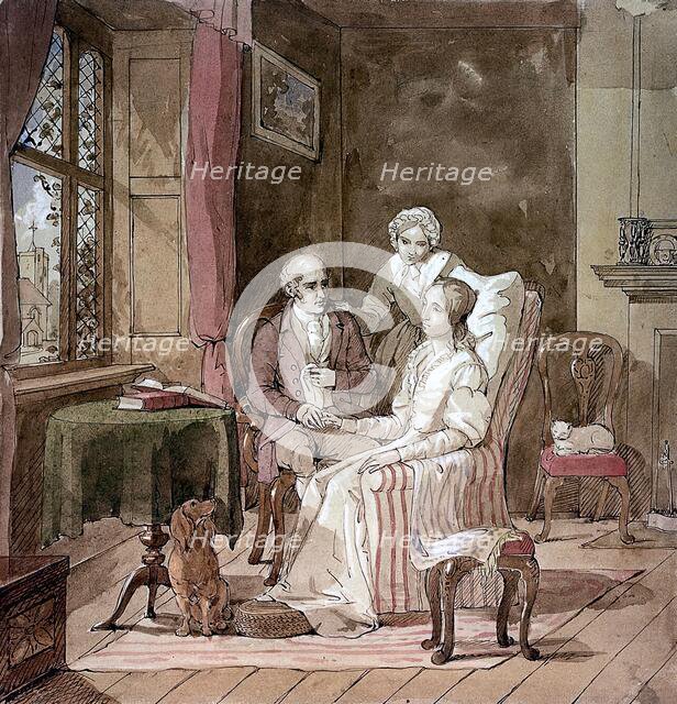 A physician taking the hand of a sick female patient, her mother is standing near them, c1850s. Creator: Ambrosini Jerome.