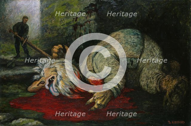 The Ash Lad beheads the Troll; For Soria Moria Palace, series consisting of twelve..., 1900. Creator: Theodor Kittelsen.