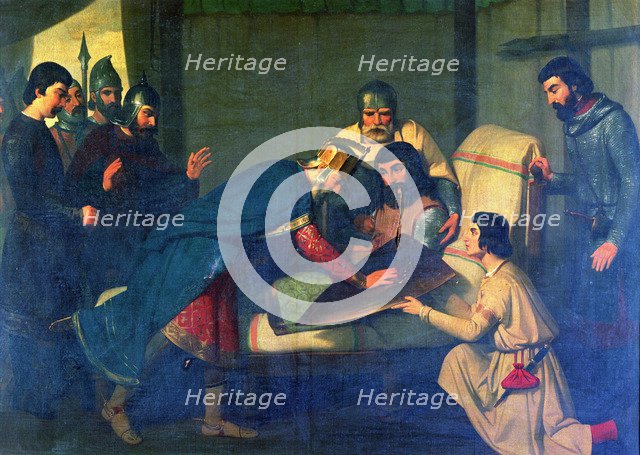 Origin of the shield of the County of Barcelona, oil painting by Claudio Lorenzale, 1843 - 1844.