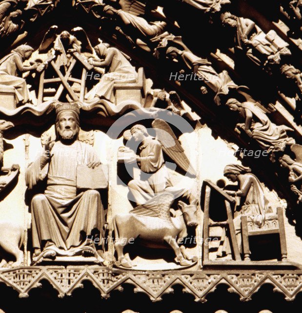 Detail of the Sculptures of the tympanum in the door of the Sarmental, Burgos Cathedral, Christ d…