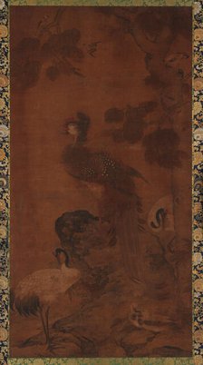 A Phoenix and two cranes under a tree, Ming dynasty, 16th-17th century. Creator: Unknown.