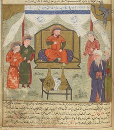 Hulagu Khan and Courtiers. Miniature from Jami' al-tawarikh (Universal History), ca 1430. Creator: Anonymous.